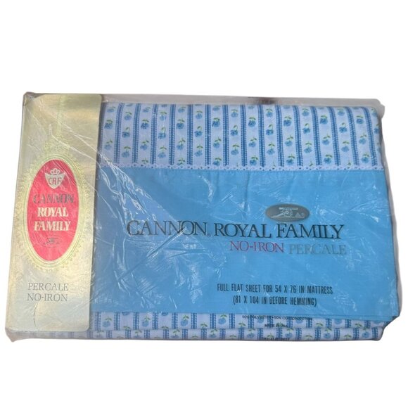 Cannon Royal Family No-Iron Percale Full Flat Sheet Blue Floral Stripes Vtg NOS - Picture 1 of 3